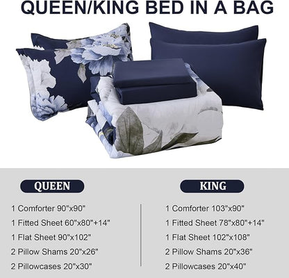 Dobuyly Navy Blue King Size Comforter Set 7 Piece Bed in a Bag, Floral Comforter Set with Sheets, Soft Microfiber Botanical Flowers Complete Bedding Set for All Season