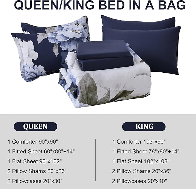 Dobuyly Navy Blue Comforter Set Queen Size 7 Piece Bed in a Bag, Floral Comforter Set with Sheets, Soft Microfiber Botanical Flowers Complete Bedding Set for All Season