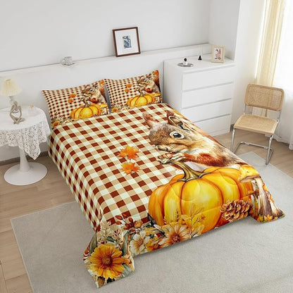 Castle Fairy Vintage Yellow Geometric Grid Bedding Set,Autumn Harvest Thanksgiving All Season Cozy Comforter Set Full Size,Squirrel Pumpkin Flower Duvet Set Bedroom Decor,Personalized Birthday Gifts