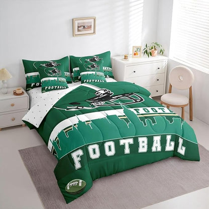 Erosebridal Football 7 Pcs Comforter Set Twin Football City Bedding for Men Boys Green Football Fans Sheet Set Bed in A Bag Rugby Game Room Decor Sports Ball Competition Quilt