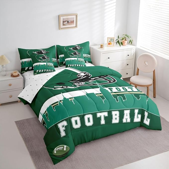 Erosebridal Football 7 Pcs Comforter Set King Football City Bedding for Men Boys Green Football Fans Sheet Set Bed in A Bag Rugby Game Room Decor Sports Ball Competition Quilt
