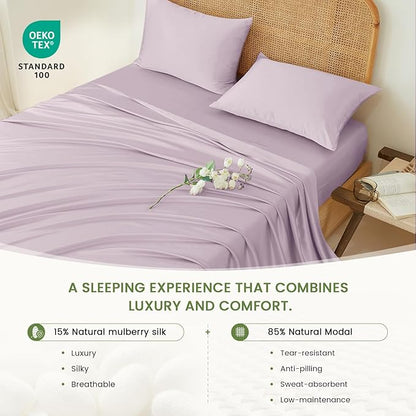 THXSILK Luxury Mulberry Silk Bed Sheets Set - 4pcs Silk Sheets Set 16" Deep Pocket - 1 Flat Sheet, 1 Fitted Sheet, 2 Pillowcases with Zipper Closure - Full, Light Purple