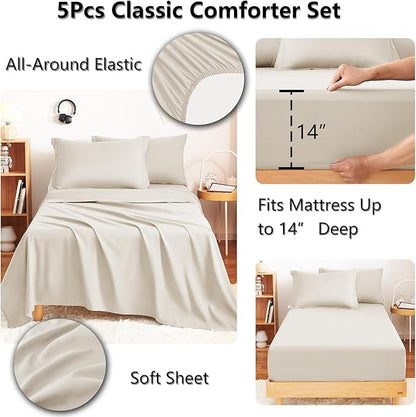CozyLux Twin XL Comforter Set Beige - 5 Pieces Twin Extra Long Bed in a Bag for College Dorm, All Season Bedding Set for Girls and Boys, Soft Bed Set with Comforter, Sheets, Pillowcase & Sham