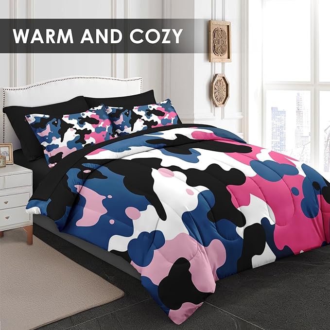 Comforter Set Full Size, Camouflage Camo Army 7 Pcs Bedding for Kids and Adults, Pink Green Summer Bed Sheet Sets with Fitted Sheet 2 Pillowcases & 2 Shams for Bedroom Bed Decor