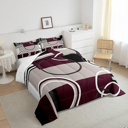 Erosebridal Modern Purple Grey Black Stripe Comforter Set Geometric Down Comforter Twin Size Retro Circle Swirls Bedding Set Bedroom Decor Abstract Texture Color Art Duvet Set for Kids Adult