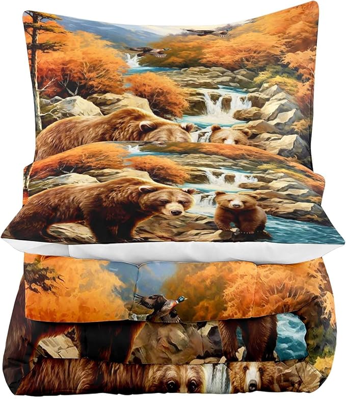 LUVIVIHOME 2PCS Bear Comforter Set Twin Size, Mallard Duck Mountain Autumn Forest Woodland Animal Wildlife Country Lodge Rustic Farmhouse Cabin Bedding Sets for Kids Boys Girls, 1 Pillow Sham