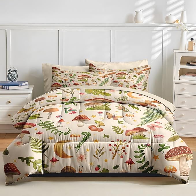 Nesker 5 Pcs Spring Comforter Set Twin Size, Mushroom Fern Bedding Set for Kids and Adults, Butterfly Leaf Bed Sheet Sets with Fitted Sheet Pillowcase & Sham