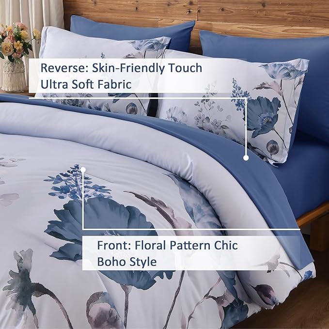 DJY Floral Queen Comforter Set - 7 Pieces Blue Floral Bed in a Bag with Flower Leaves Pattern, Soft Microfiber Botanical Comforter and Sheet Set, All Season Bedding Set (90''x90'')