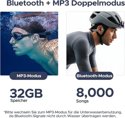 DOOGEE Bone Conduction IP68 Waterproof Swimming Headphones, 10H Battery Life Sports Running Wireless Bluetooth 5.4 Open Earphones with 32GB MP3 Dual Modes for Cycling, Underwater Swimming,Fitness