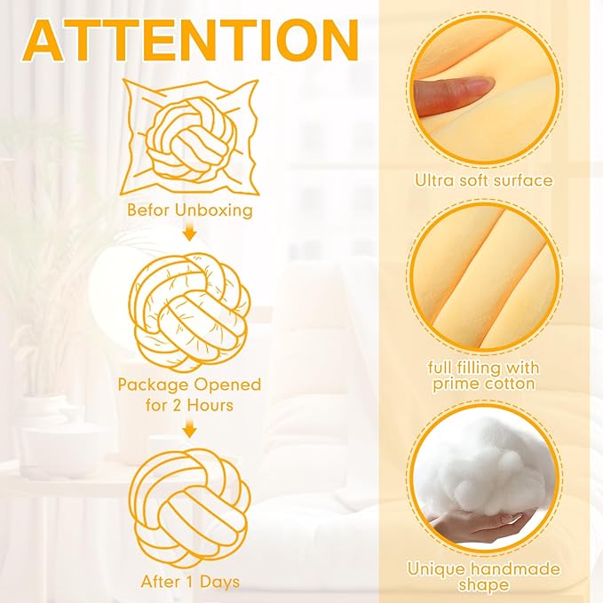 Namalu 2 Pcs Soft Knot Pillow Ball, Decorative Round Throw Knotted Pillows Cushion, Handmade Stuffed Ball Pillows for Winter Bedroom Sofa Couch Home Decor(7.87 Inches,Light Yellow)
