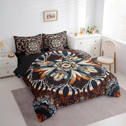 Scarlet Art Deco Bed in a Bag Oriental Bedding Set, Vintage Floral Queen Comforter Set 7-Piece Boho Mandala Bedding Comforter Sets, Retro Tribal Pattern Bed Sheets Set Aesthetic Bedroom Decor