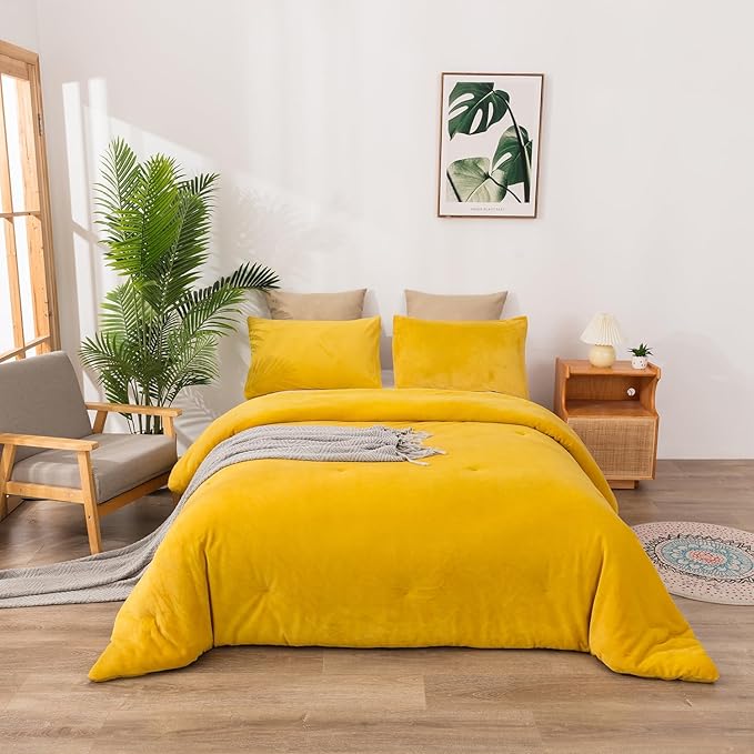 Cottonight Mustard Yellow Velvet Comforter Set Queen Plush Flannel Fluffy Yellow Bedding Comforter Set Micromink Sherpa Warm Heavyweight Winter Comforter for Women Men Adults Teens