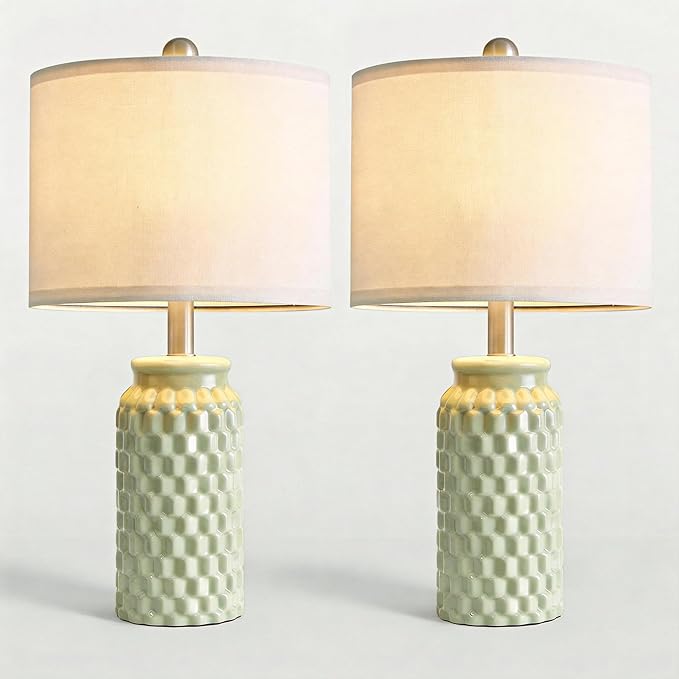 20.5" Small Bedside Lamps Set of 2 with 5FT Cord, Green Ceramic Modern Farmhouse Table Lamps for Nightstand, Living Room, Bedroom, 3D Honeycomb Stylish End Table Lamps(Bulb Not Included)