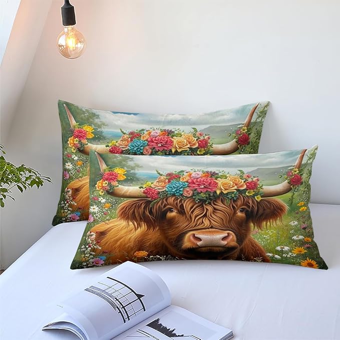 Colorful Cattle Full Size Comforter Sets,Western Bedding Set for Boys Girls,3 Pieces Soft Fluffy Microfiber Bed Set with 2 Pillowcases/79 * 90