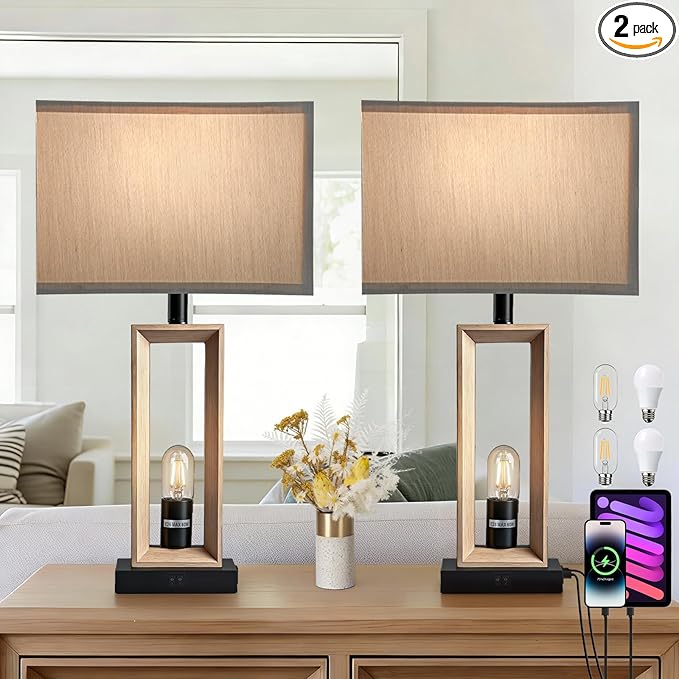 Farmhouse Wood Table Lamps for Living Room Set of 2, 3 Color Temperature Adjustable & USB-A/C Charging Ports Nightstand Lamps, 4 LED Bulbs Included