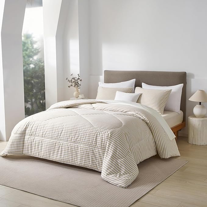 mixinni Tan Striped Comforter Set Twin XL Size - Beige Stripes Pattern Bed Set for All Season, 3 Pieces Lightweight Bedding Comforter Sets for All Seasons (1 Soft Fluffy Comforter + 2 Pillowcases)