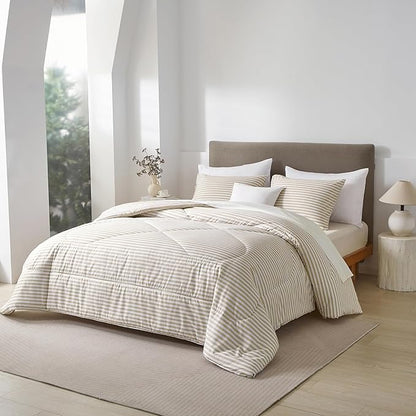mixinni Tan Striped Comforter Set Full Size - Beige Stripes Pattern Bed Set for All Season, 3 Pieces Lightweight Bedding Comforter Sets for All Seasons (1 Soft Fluffy Comforter + 2 Pillowcases)