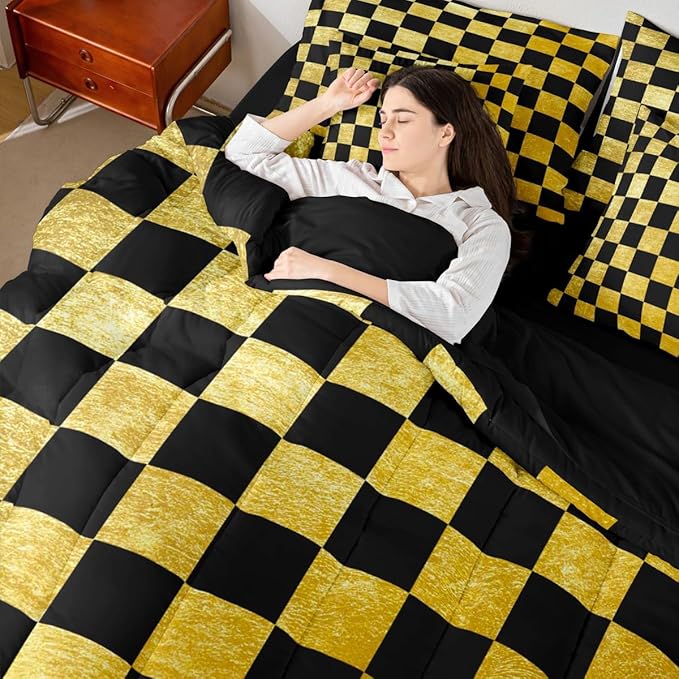 Checkered Retro Comforter Set with Sheets 7 Piece Full Size Golden Black Plaid Bed in a Bag Kids Boys Girls Geometric Vintage Bedding Set Modern Simple Groovy Aesthetic Bedroom Decor Breathable Soft