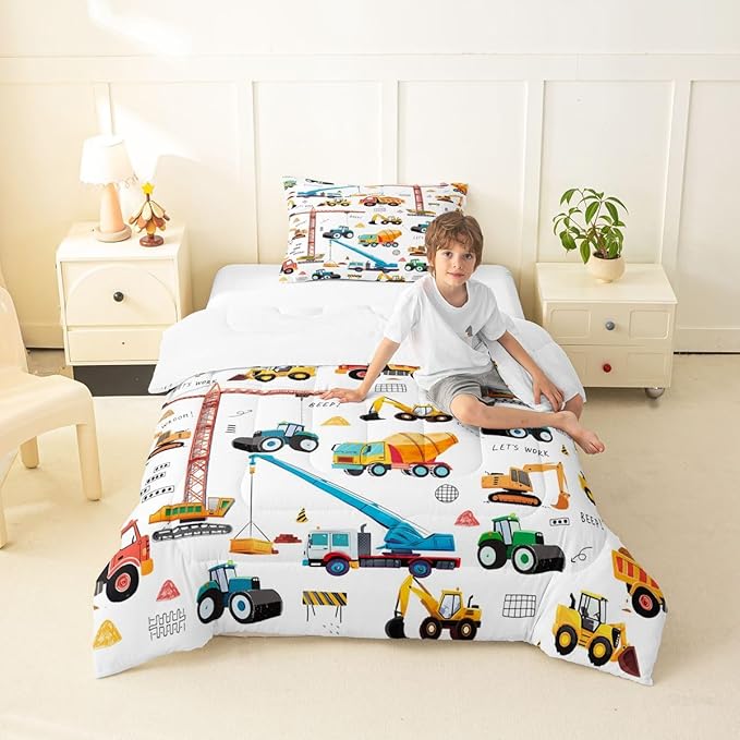 Excavator Comforter Set Twin Size, Tractor Machinery Trucks Bedding Set, Construction Vehicle Down Comforter For Kids Boys, Bulldozer Crane Equipment Truck Duvet Set 2Pcs Room Decor, Yellow Green