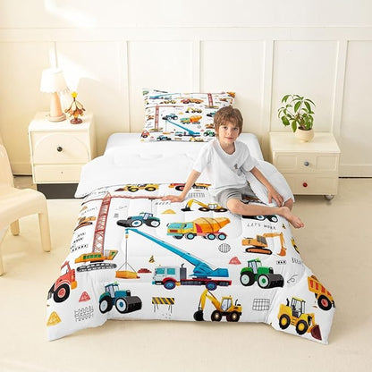 Excavator Comforter Set Twin Size, Tractor Machinery Trucks Bedding Set, Construction Vehicle Down Comforter For Kids Boys, Bulldozer Crane Equipment Truck Duvet Set 2Pcs Room Decor, Yellow Green