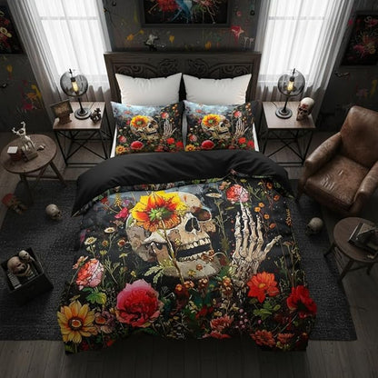 Skull Comforter Set Twin Size，Horror Rose Bedding Set for Women,Warm Microfiber Quilt Set with 1 Pillowcase/68 * 86