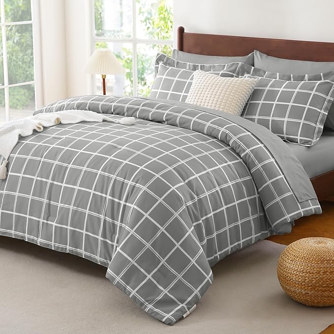 CozyLux Twin XL Comforter Set Grey - 5 Pieces Plaid Bed in a Bag Set, Ultra-Soft Twin XL Bedding Set Bed Set with All Season Quilted Comforter, Flat Sheet, Fitted Sheet, Pillowcase & Pillow Sham