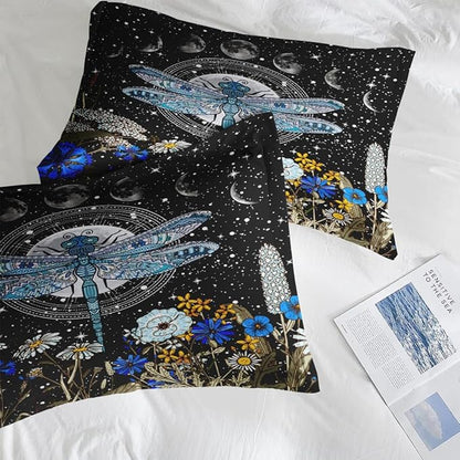 Comforter Set Full Size, Dragonfly Flower Plant Bedding for Kids and Adults, Sun Moon Vintage Black Gold Bed Sheet Sets with Fitted Sheet 2 Pillowcases & 2 Shams for Bedroom Bed Decor
