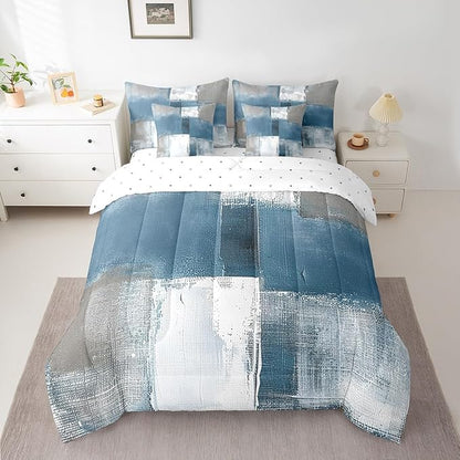 Erosebridal Light Blue White Gray Bedding Comforter Sets 7pcs Abstract Bedding Set, Grunge Full Size Comforter Set (1 Comforter, 1 Fitted Sheet, 1 Flag Sheet, 2 Pillowcases, 2 Throw Pillow Covers)