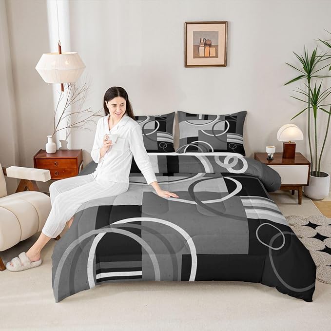 Circles Comforter Set Modern Grey Black White Bedding Sets Full Size Abstract Swirls Square Quilted Duvet Geometric Stripe Duvet Set Modern Creative Soft Down Comforter With 2 Pillow Shams