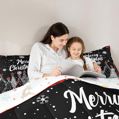 Christmas Tree Bedding Sets Full Size,Red Black Checkered Comforter Set 3Pcs for Kids Girls Boys Women Room Decor,Winter Snoweflake Quilted Duvet Retro Xmas Pine Down Comforter,2 Pillowcases