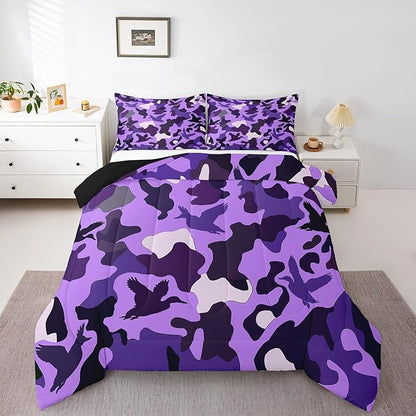 Erosebridal Duck Hunting Duvet Insert Queen Duck Hunter Bedding for Kids Girls Army Camouflage Hunting Bedding Comforter Sets Vintage Purple Black Room Decor Wild Animal Duck Rustic Comforter Set
