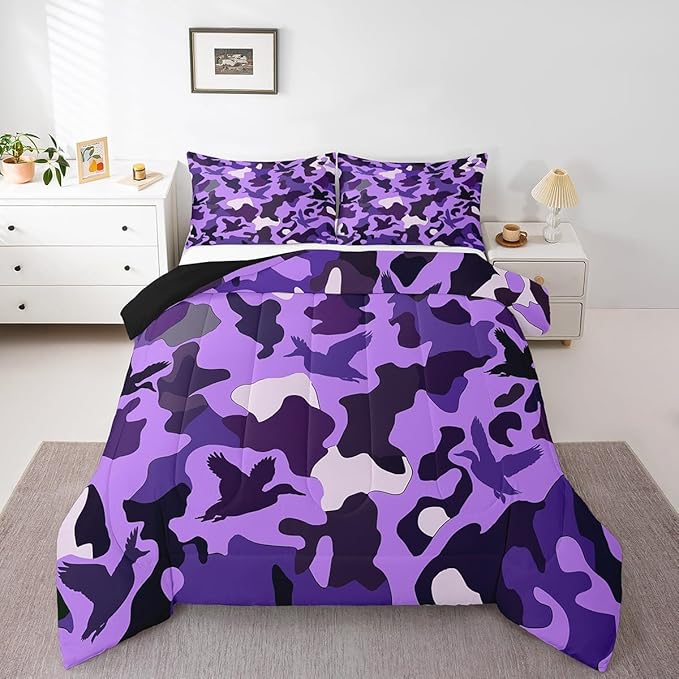 Erosebridal Duck Hunting Duvet Insert King Duck Hunter Bedding for Kids Girls Army Camouflage Hunting Bedding Comforter Sets Vintage Purple Black Room Decor Wild Animal Duck Rustic Comforter Set