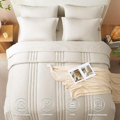 CozyLux Oversized Queen Comforter Set - 7 Pieces Bed in a Bag Beige Comforter Set with Sheets Luxury Bed Set All Seasons, Soft Bedding Set with Down Alternative Comforter, Sheets, Pillowcases & Shams