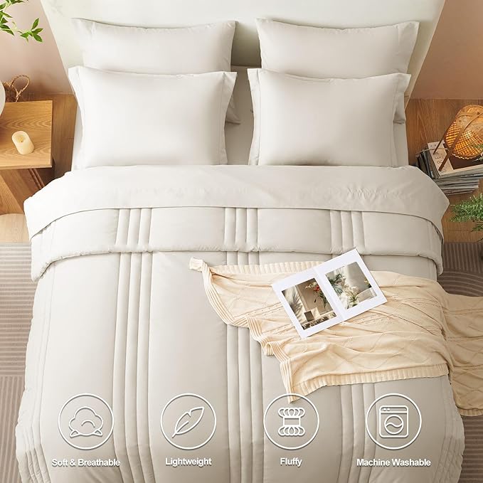 CozyLux Twin Comforter Set - 5 Pieces Bed in a Bag Beige Comforter Set with Sheets Luxury Bed Set All Seasons, Soft Bedding Set with Down Alternative Comforter, Sheets, Pillowcases