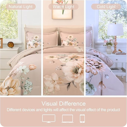 Floral King Size Comforter Set - 7 Piece Botanical Dusty Pink Flower Bed in a Bag Ulter Soft Microfiber Bedding Set, Lightweight Bed Comforter Set with Sheets for All Season (Dusty Pink, King)