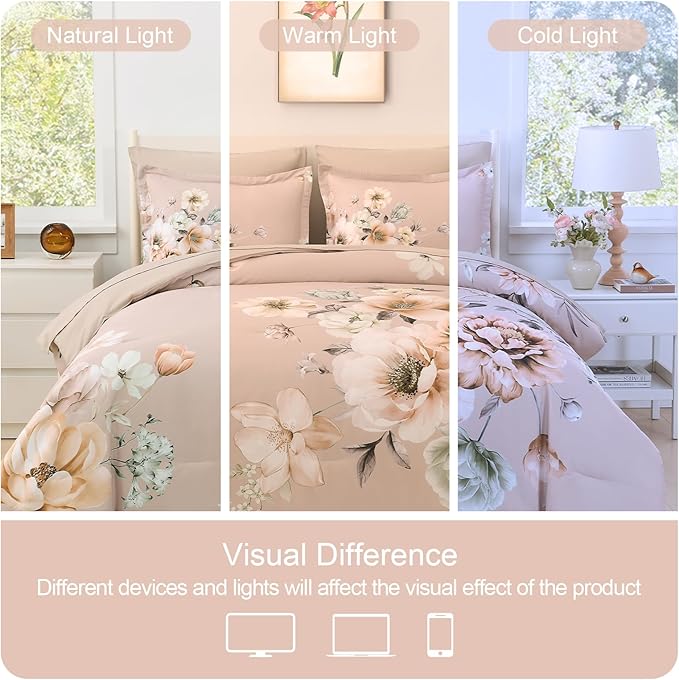 Floral Comforters Queen Size 7 Pieces Botanical Dusty Pink Flower Bed in a Bag Ulter Soft Microfiber Bedding Set, Lightweight Bed Comforter Set with Sheets for All Season (Dusty Pink, Queen)