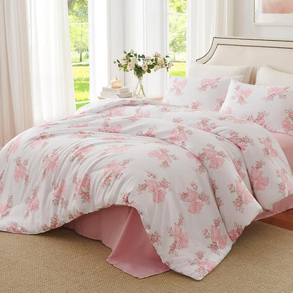 Pink Bow Comforter Set Twin 2Pcs Pink Floral Bedding Set for Girls Cute Romantic Princess Style Bowknot Bedding Ultra Soft Microfiber Garden Flower Comforter Sets with 1 Pillowcase