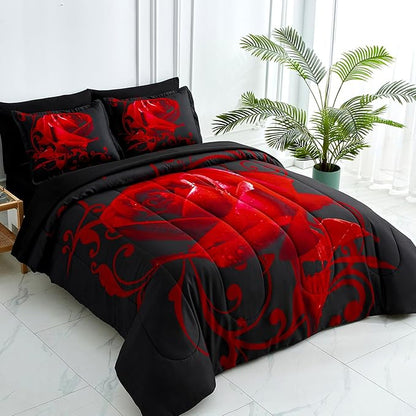WONGS BEDDING Red Comforter Set Cal King, Reversible Red Rose 7 Pieces Bed in a Bag, Lightweight Soft Microfiber Bedding Sets with Comforter, Flat Sheet, Fitted Sheet, Pillowcases & Shams