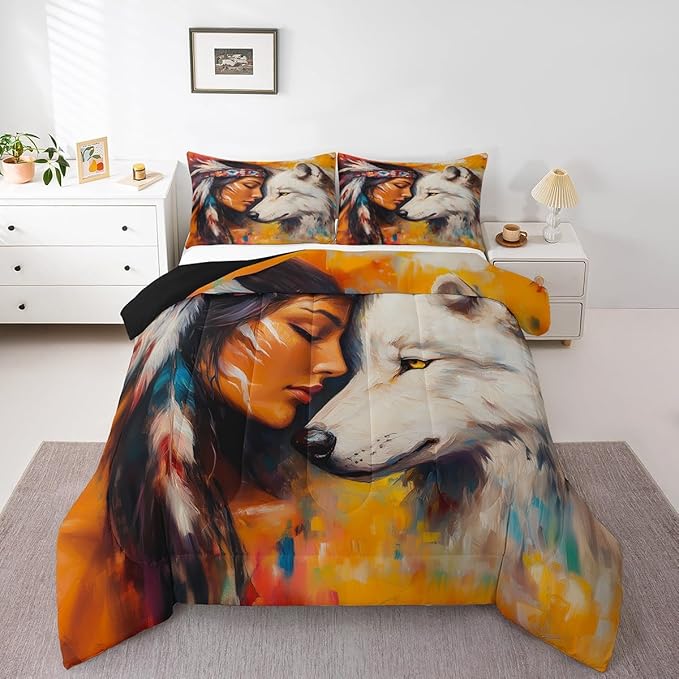 Erosebridal Hunting Wolf Full Bedding Set,Indian Woman and Wolf Comforter Set for Kids Adults Bedroom Decor,Exotic Ethnic Aztec Quilt Set Wildlife Bedding Comforter Sets,2 Pillowcases