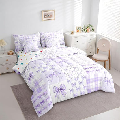 Feelyou Purple Bow Comforter Set with Sheets 7 Piece Full Size Cute Bowknot Bed in a Bag Kids Boys Girls Bow Plaid Grid Bedding Set Princess Decor Bedroom Decor Breathable Soft Microfiber