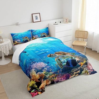 Erosebridal Sea Turtle Comforter Set Queen Size,Shark Bedding Set,Ocean Animals Fishes Down Comforter,Tortoise Rainbow Coral Duvet Insert,Home Textiles Comforters for Teens Boys Girls