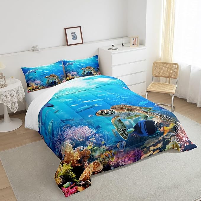 Erosebridal Sea Turtle Comforter Set Full Size,Shark Bedding Set,Ocean Animals Fishes Down Comforter,Tortoise Rainbow Coral Duvet Insert,Home Textiles Comforters for Teens Boys Girls