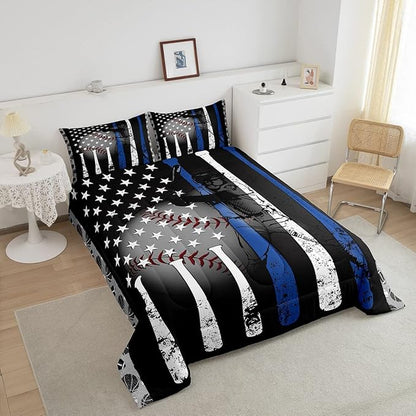 Erosebridal Baseball Comforter Set King,Grunge Style Baseball Bat Softball Bedding Set for Kids Boys Teens,American Flag Stars Striped Duvet Insert,Ball Sports Game Down Comforter with 2 Pillow Shams