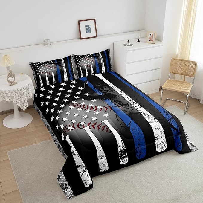Boys Baseball Bedding Set Full,Grunge Style Baseball Bat Basketball Softball Comforter Set for Kids Bedroom Decor,American Flag Stars Quilted Duvet,Ball Sports Game Down Comforter Warm,White Blue
