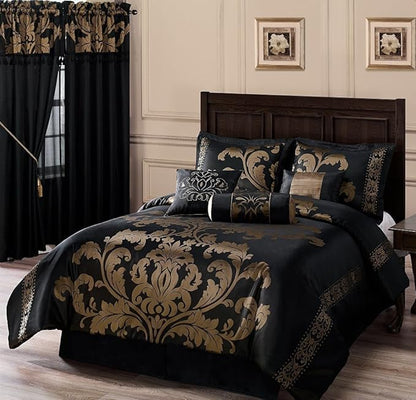 Chezmoi Collection Royale 7-Piece Jacquard Floral Comforter Set, Oversized King, Black/Gold