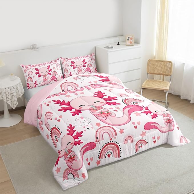 Manfei Cute Axolotl Kids Comforter Set King Size,Stars Rainbow Cartoon Bedding Set,Girls Boys Adults Room Decor,Strawberry Love Heart Romantic Down Comforter,Pink Kawaii Duvet Insert,2 Pillowcases
