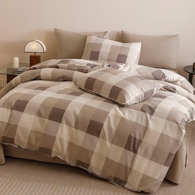 Houseri Coffee Color Plaid Comforter Set Twin Vintage Grid Bedding Sets