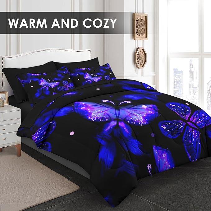 Comforter Set Full Size, Purple Blue Galaxy 7 Pcs Bedding for Kids and Adults, Butterfly Flower Summer Bed Sheet Sets with Fitted Sheet 2 Pillowcases & 2 Shams for Bedroom Bed Decor