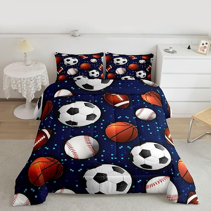 Ball Game Comforter Set for Kids Boys Teens,Baseball Duvet Insert Twin Size,Basketball Soccer Bedding Set Bedroom Decor,Glowing Neon Sports Theme Quilt Comforter with 1 Pillowcase All Season