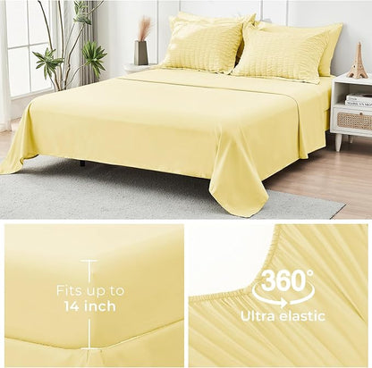 HYMOKEGE Yellow Twin Comforter Set Seersucker 5 Pieces, All Season Luxury Bed in a Bag for Bedroom, Bedding Set with Comforter, Sheets, Pillowcase & Sham